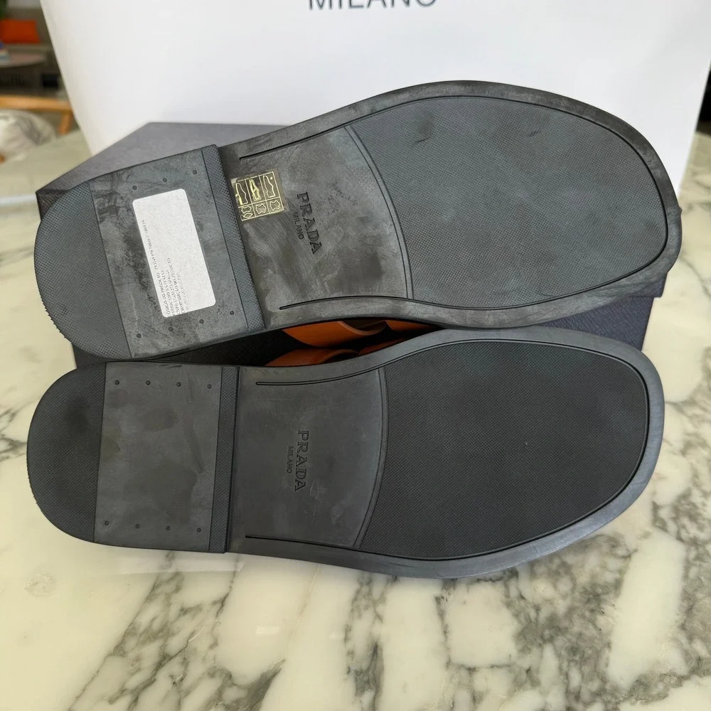Prada 2X3145 Cognac Leather Fisherman's Mules Sandals Shoes, Sz. US 8.5 (UK 7.5)